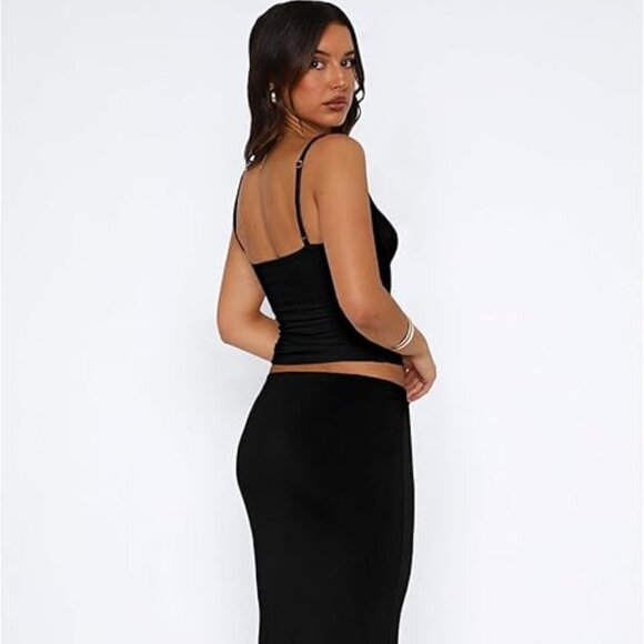 Y2K Ruched Crop Top & Mermaid Maxi Skirt Set | Sexy Black Two-Piece Outfit XS - Picture 4 of 5